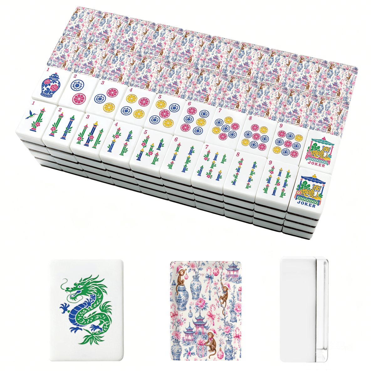 Monkey Elves Chinoiserie Pastel American Mahjong Tiles And Carry Case