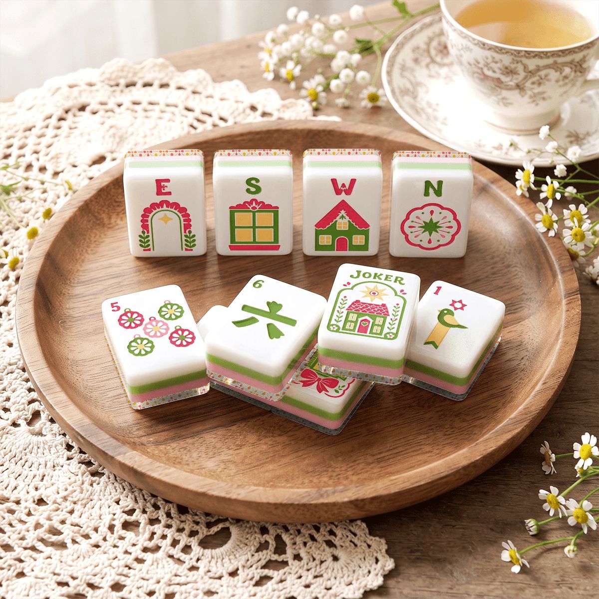 Engraved Christmas Mahjong Tiles Scandi Folk Art With Carry Case