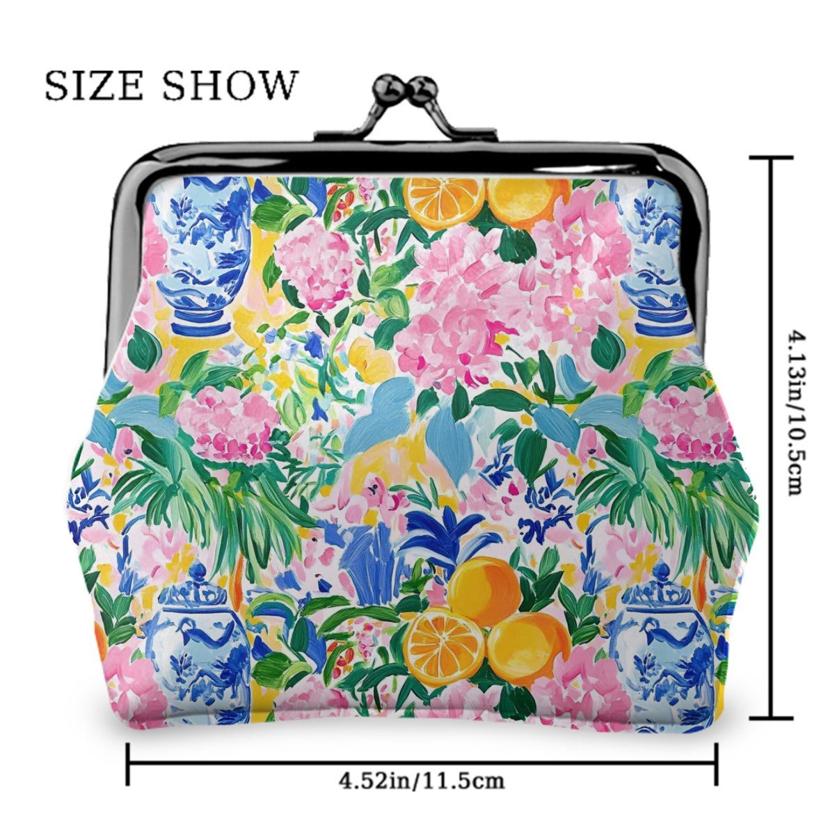 Sunny Citrus Preppy Chinoiserie Women's Leather Kiss Lock Coin Purse - Splash of Color Co.