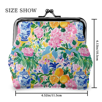 Sunny Citrus Preppy Chinoiserie Women's Leather Kiss Lock Coin Purse - Splash of Color Co.