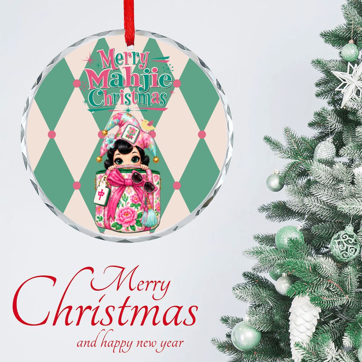 Merry Mahjie Christmas Shopaholic Round Glass Christmas Ornament