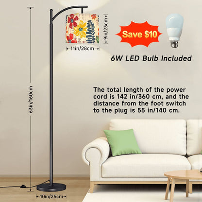 Heritage Floral Preppy Boho Modern Blue, Yellow, Red, Green Arc Floor Lamp