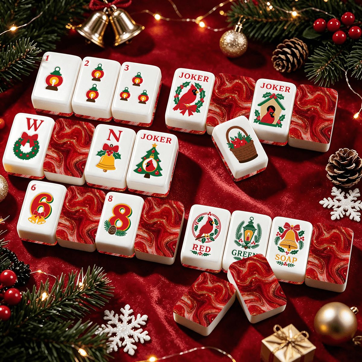 Red Marbled Christmas Cardinal American Engraved Mahjong Tiles And Carry Case