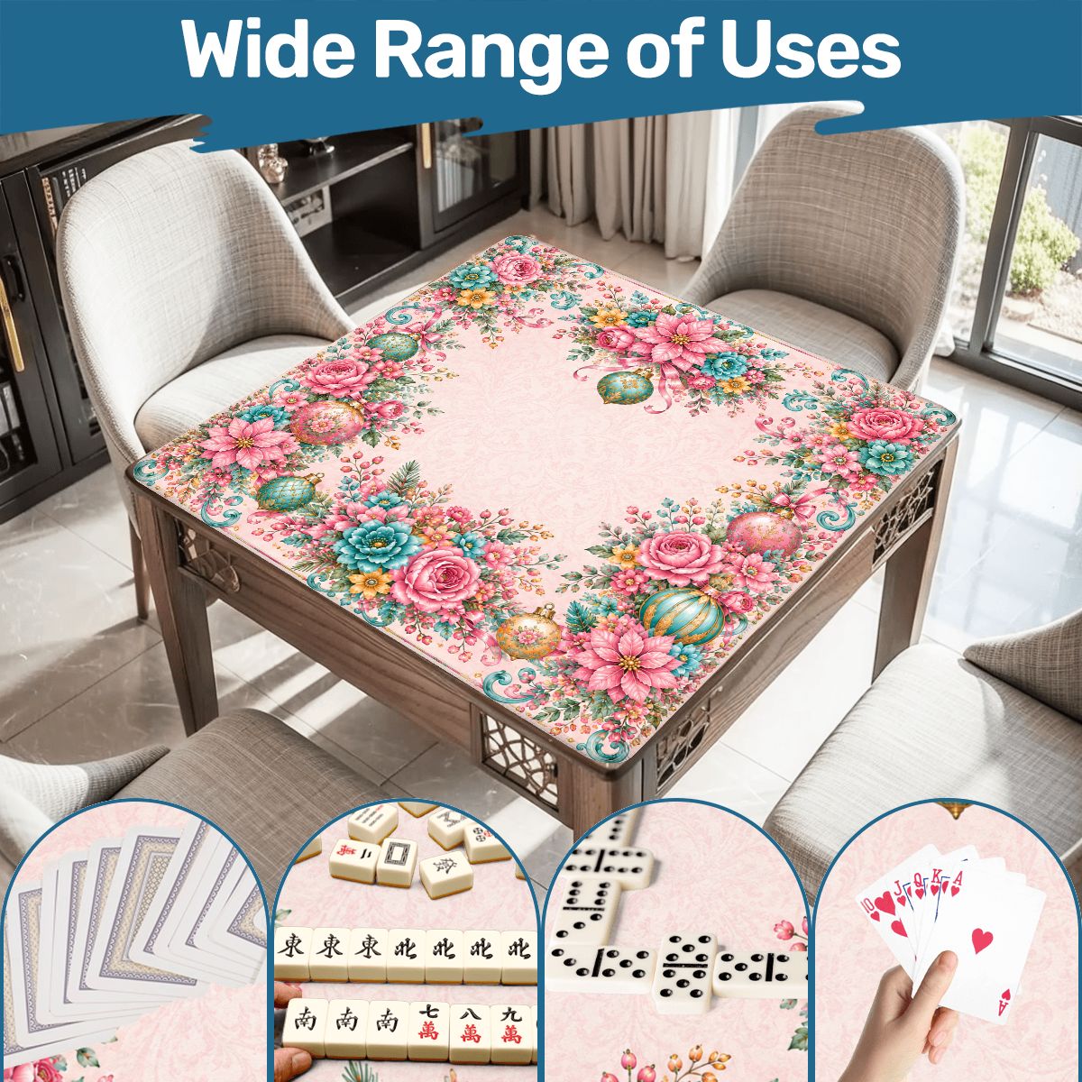 Christmas In Full Bloom Pink, Aquas, Mahjong Holdiay Mat - Splash Of Mahj And Color Co.