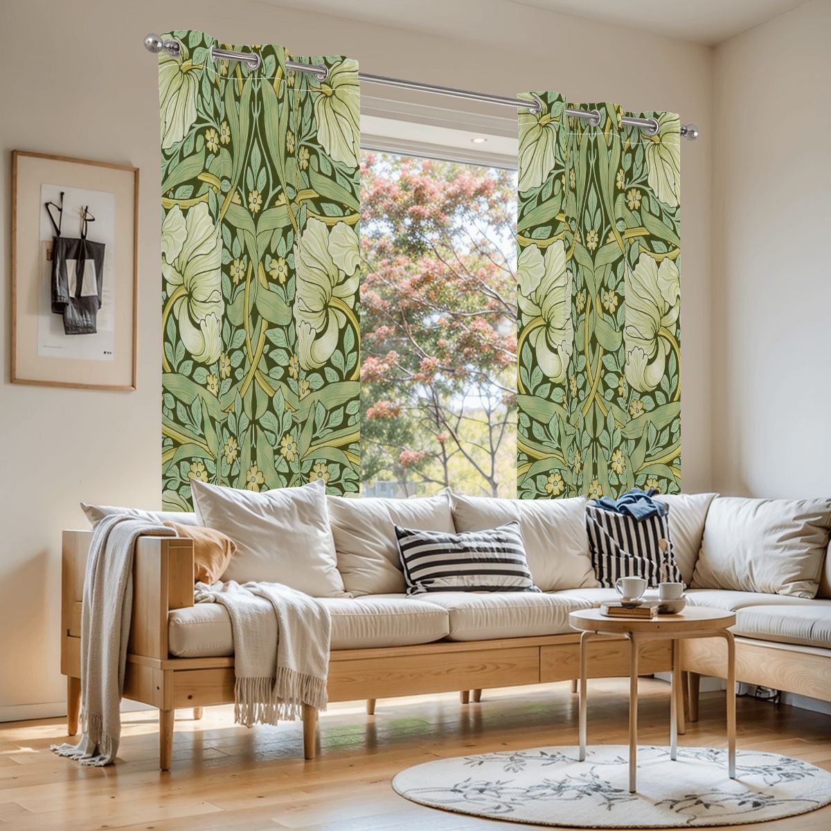 William Morris Inspired Green Floral Vine Blackout Grommet Curtains