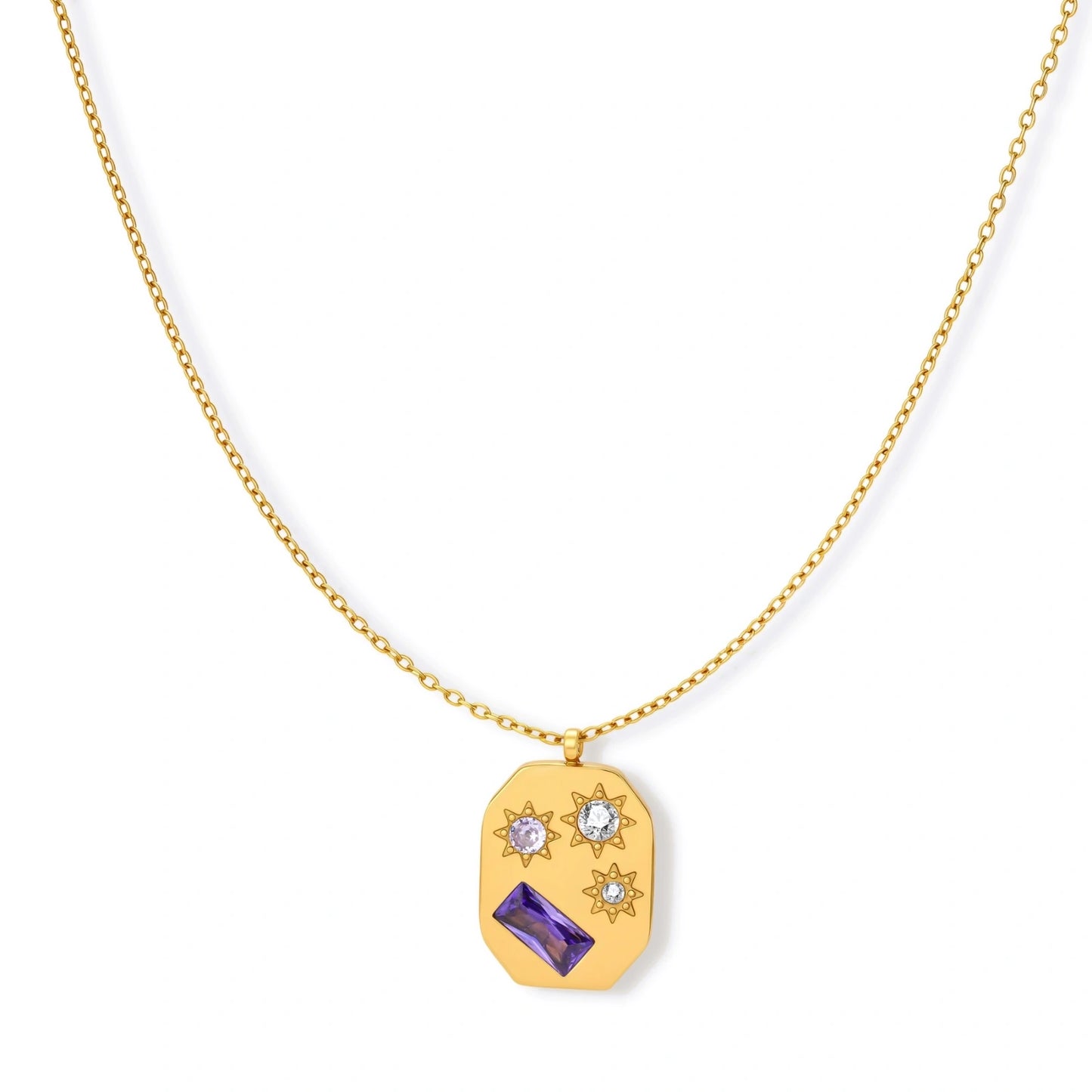 Gold-plated octagonal pendant necklace with engraved star motifs, purple baguette CZ, lavender and clear round stones on chain.