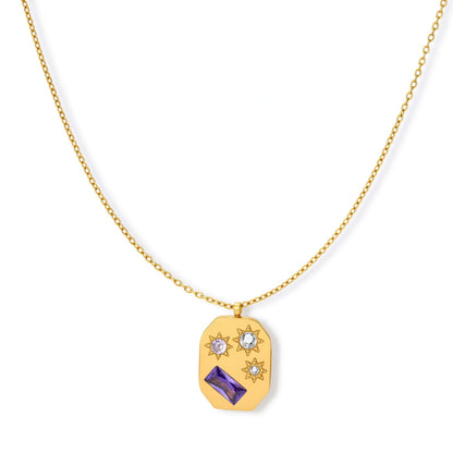 Gold-plated octagonal pendant necklace with engraved star motifs, purple baguette CZ, lavender and clear round stones on chain.