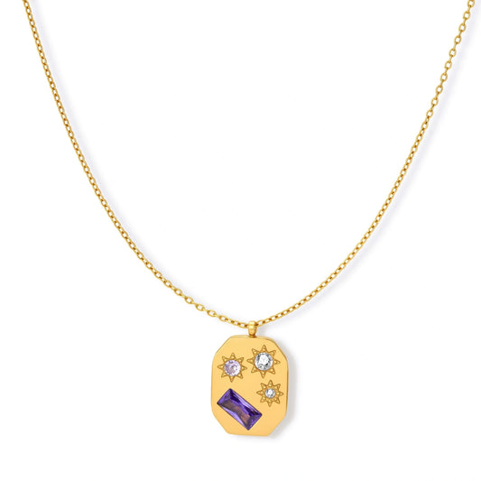 Gold-plated octagonal pendant necklace with engraved star motifs, purple baguette CZ, lavender and clear round stones on chain.
