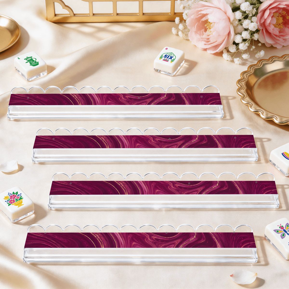 Purple Haze Extended Mahjong Rack Set of 4 Scalloped Magnetic Tile Pusher 20' - Splash Of Mahj And Color Co.