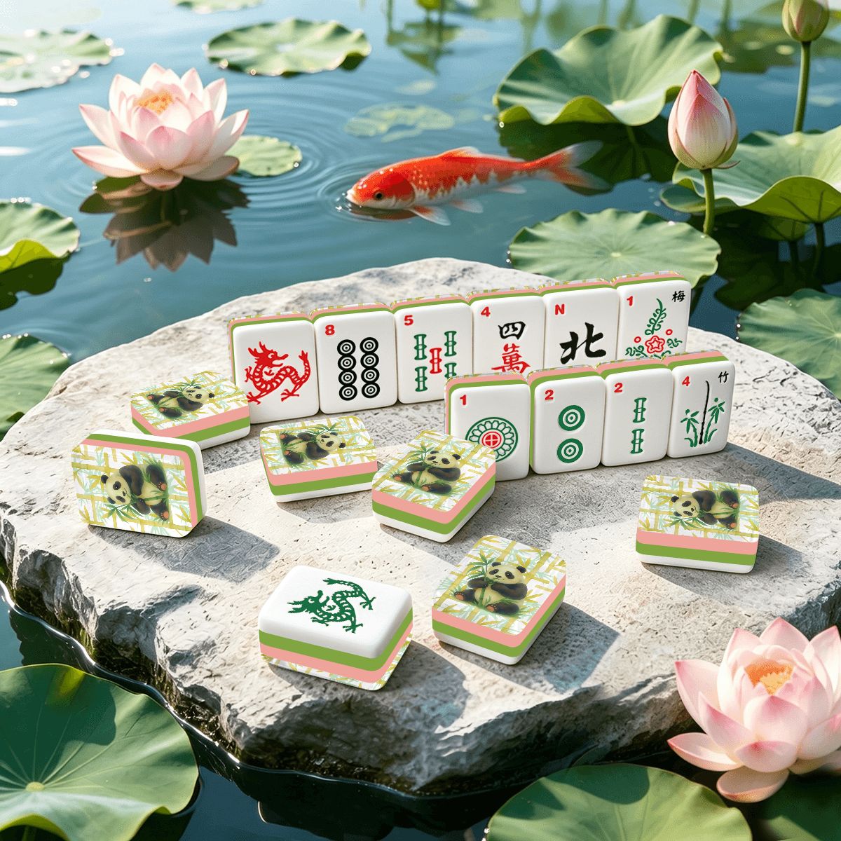 Bamboo Asian Panda Bear 4 Layer American Mahjong Tiles Set And Carry Case - Splash Of Mahj And Color Co.