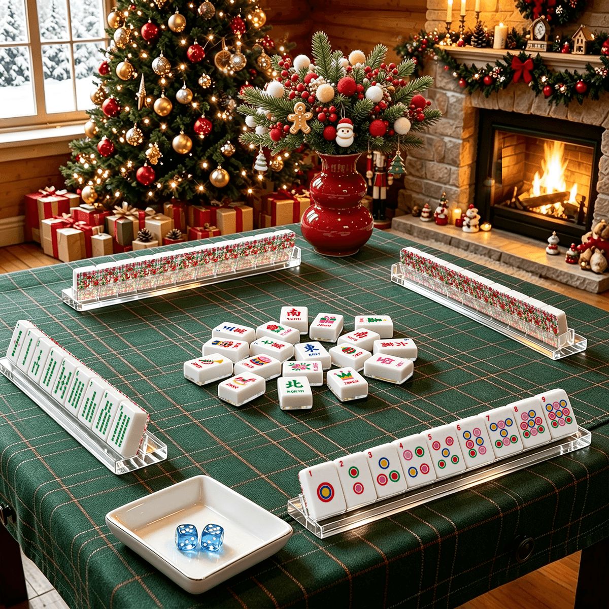 Christmas Goose Plaid And Playful Workshop Christmas Mahjong Tiles And Carry Case