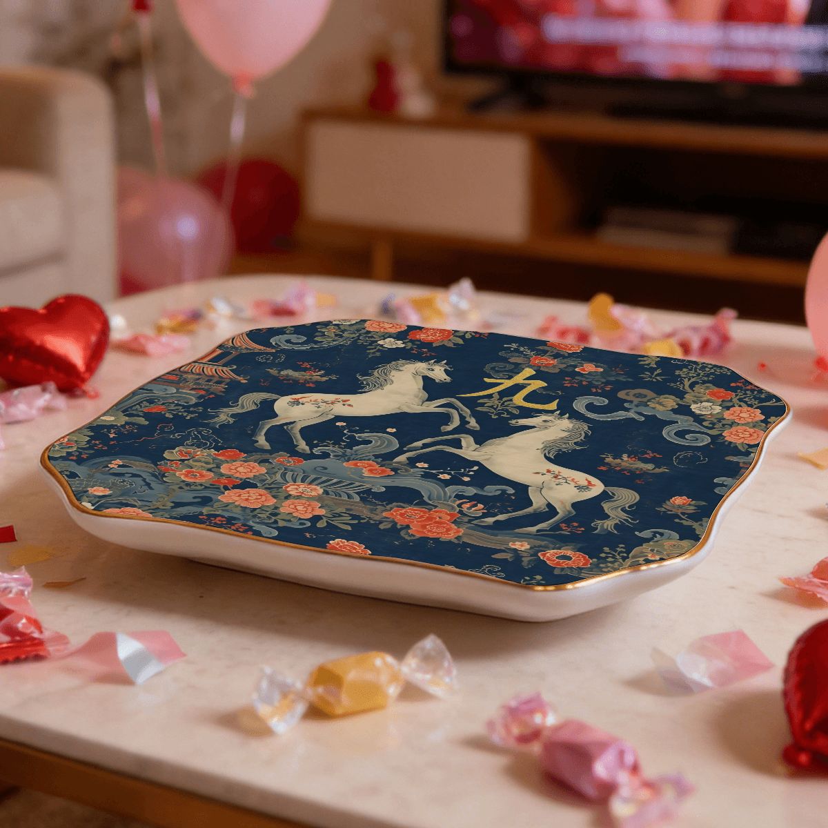 Year Of The Firehorse Scalloped Ceramic Mahjong Dice Tray