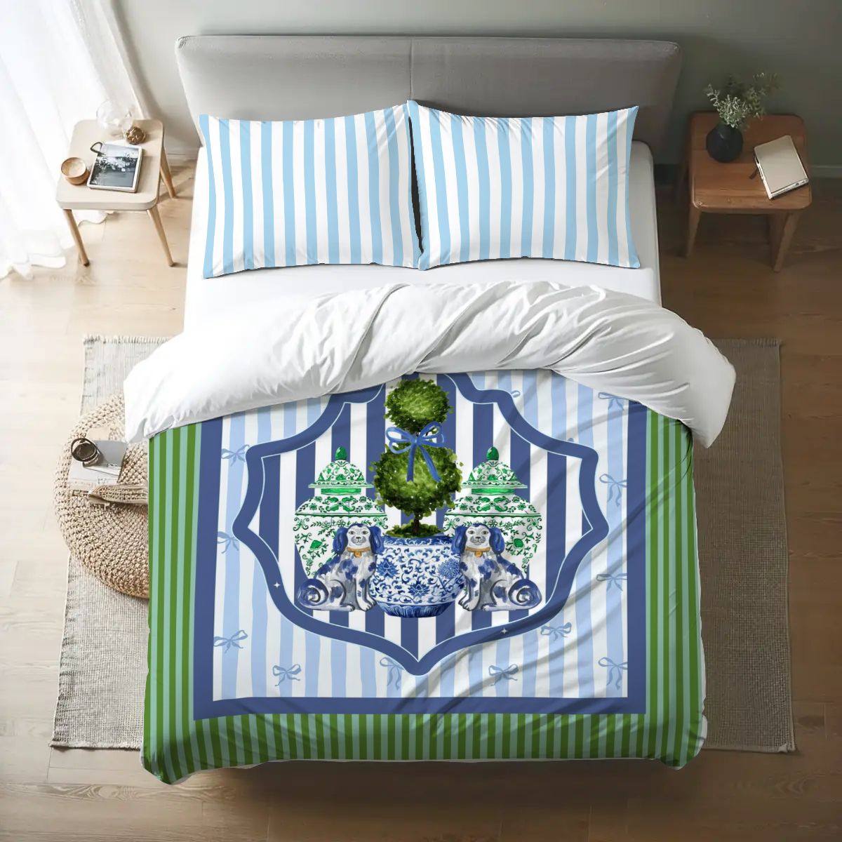 Chinoiserie Staffordshire Watercolor Dogs, Green Blue Preppy Queen Duvet Cover Set - Splash of Color Co.