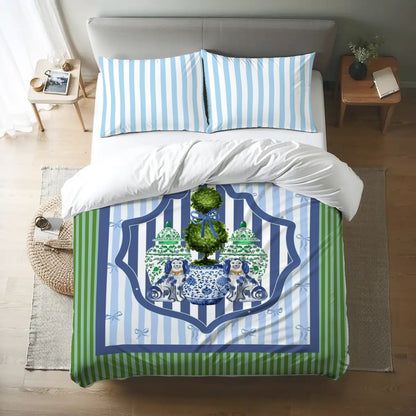 Chinoiserie Staffordshire Watercolor Dogs, Green Blue Preppy Queen Duvet Cover Set - Splash of Color Co.