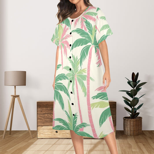 Tropical Palm Tree Paradise Pastel Preppy Pink Green Muumuu Dress