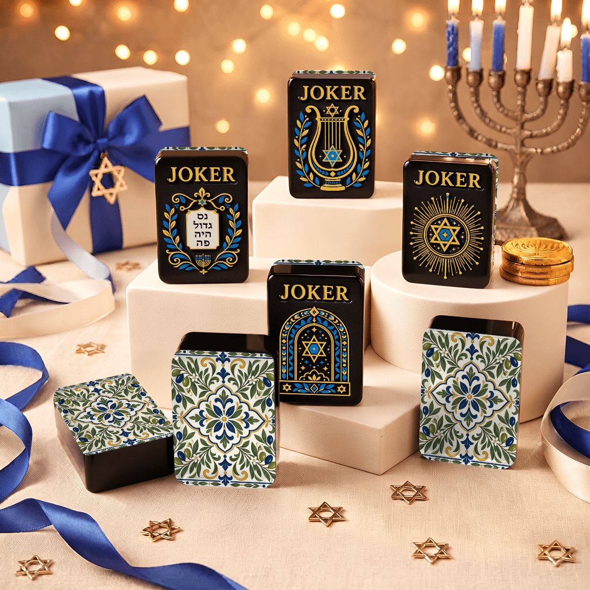Tuscan Blue And Green Starry Night Hanukkah Mahjong Tiles And Carry Case
