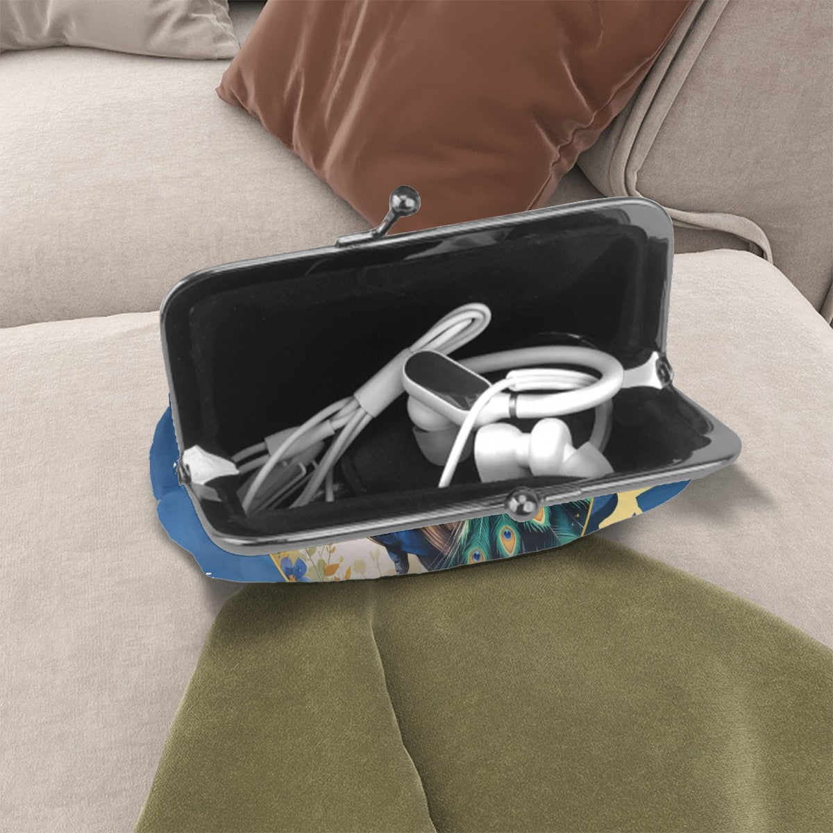 Pretty Peacock Blue Marbled Women's Leather Kiss Lock Coin Purse