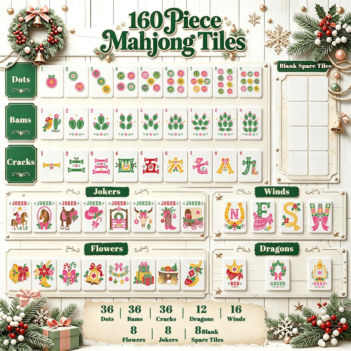 Wild West Wonderland Mahjong Western Christmas Layered Mahjong Tiles With Carry Case
