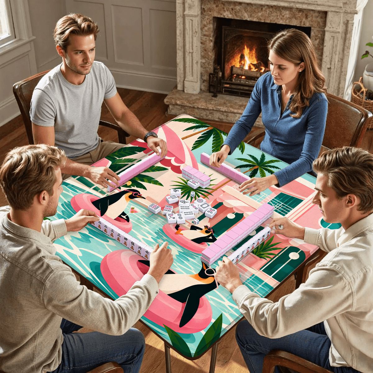 Penguins Poolside At The Palm Mahjong Mat - Splash Of Mahj And Color Co.