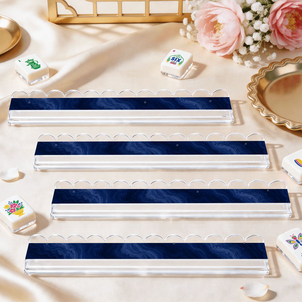 Royal Blue Extended Mahjong Rack Set of 4 Scalloped Magnetic Tile Pusher 20' - Splash Of Mahj And Color Co.
