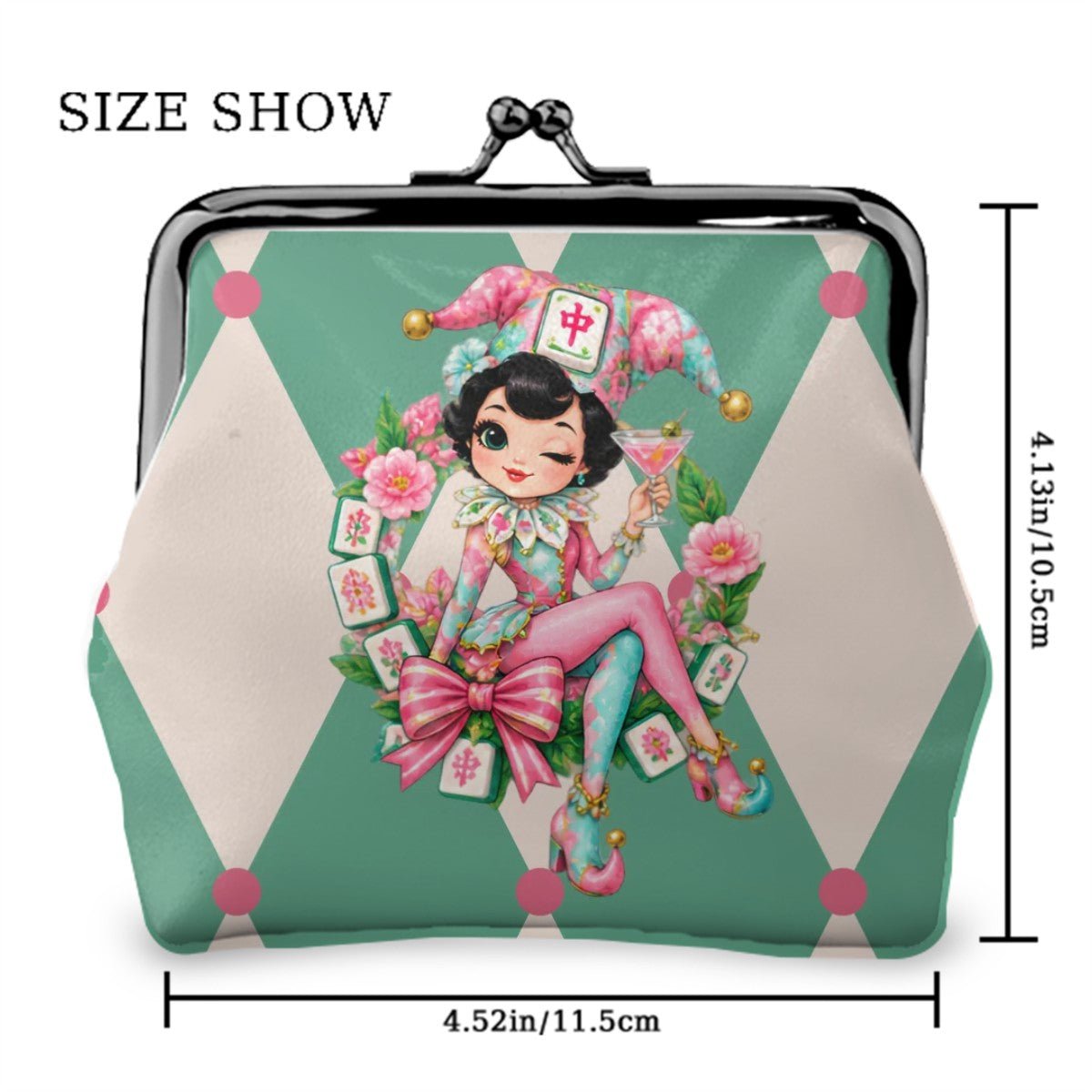 Mahjie The Mahjong Mascot Harlequin Designed Women's Leather Kiss Lock Coin Purse - Splash Of Mahj And Color Co.