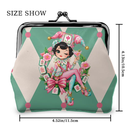 Mahjie The Mahjong Mascot Harlequin Designed Women's Leather Kiss Lock Coin Purse - Splash Of Mahj And Color Co.