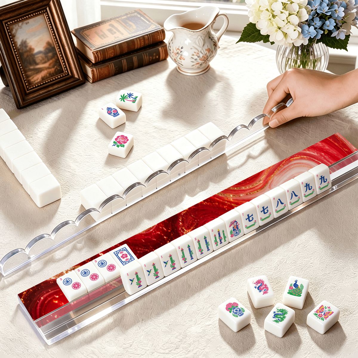 Red Glaze Extended Mahjong Rack Set of 4 Scalloped Magnetic Tile Pusher 20' - Splash Of Mahj And Color Co.