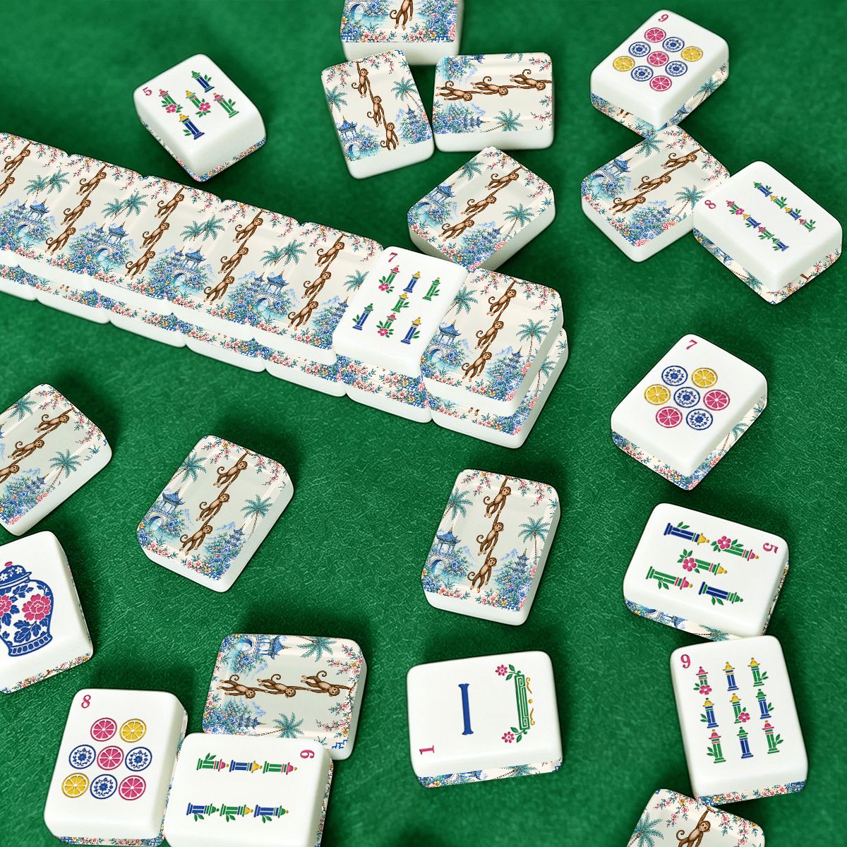 Monkey See Monkey Do, Pastel Chinoiserie American Mahjong Tiles And Carry Case