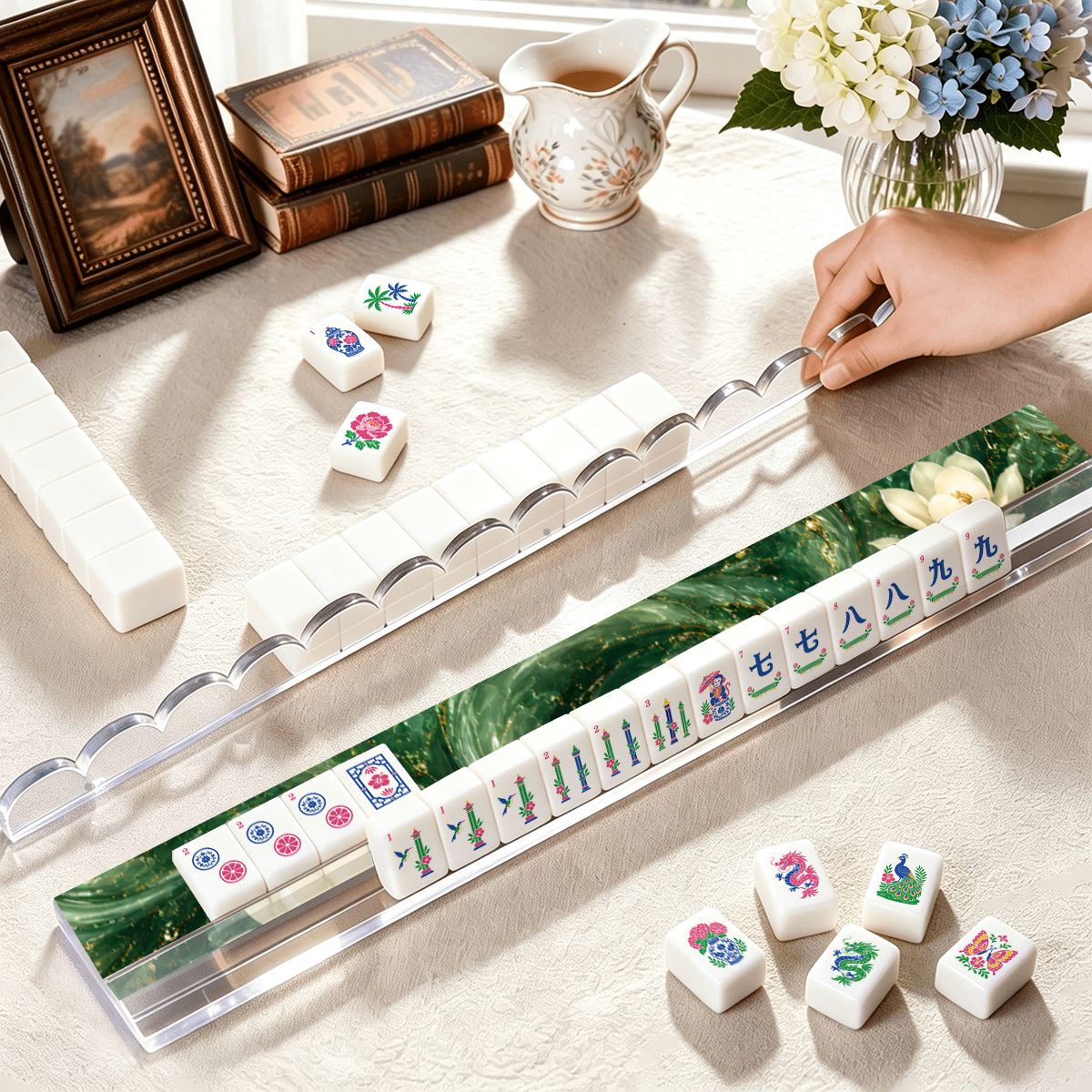 Dark Jade Marbled Extended Mahjong Rack Set of 4 Scalloped Magnetic Tile Pusher 20' - Splash Of Mahj And Color Co.