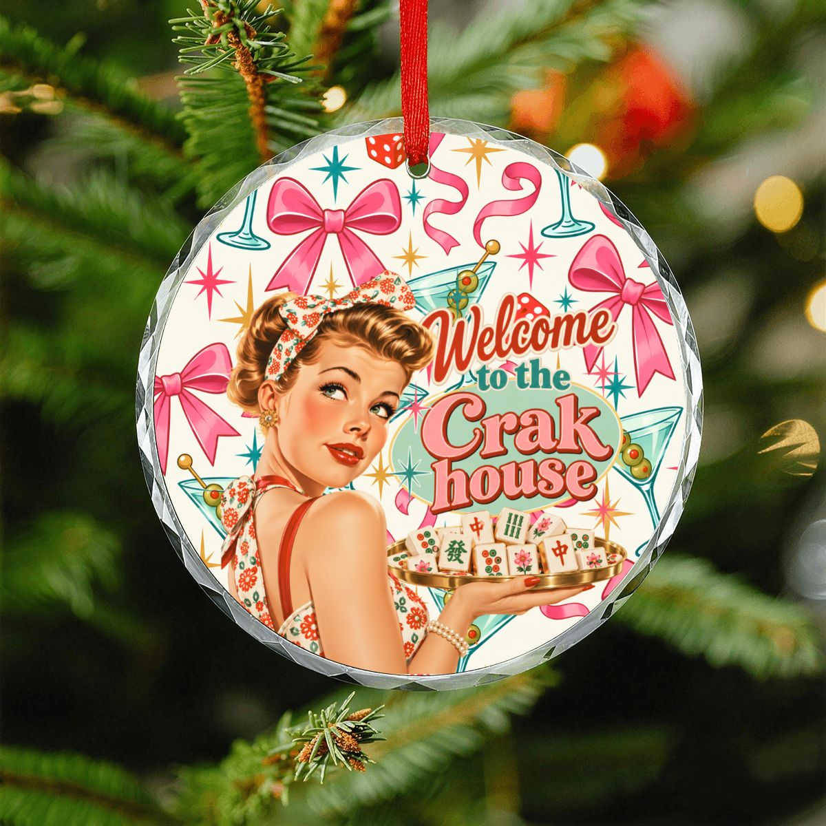 Welcome To The Crak House Funny Nostalgic Round Glass Christmas Ornament - Splash Of Mahj And Color Co.