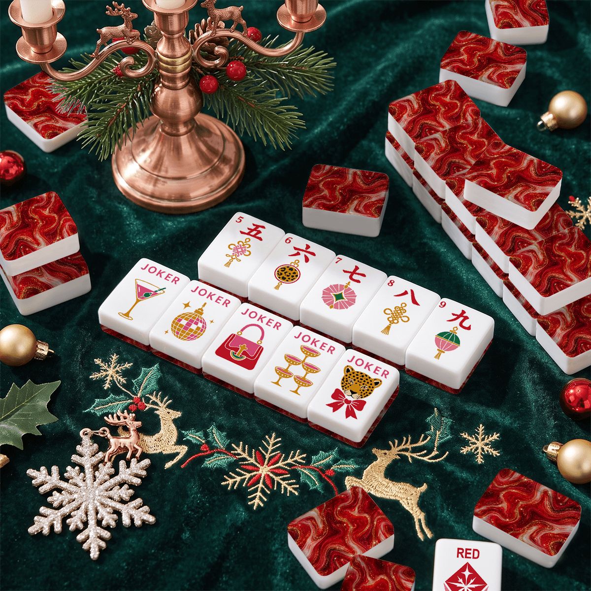 Red Marbled Glam Holiday Christmas Mahjong Tiles And Carry Case - Splash Of Mahj And Color Co.