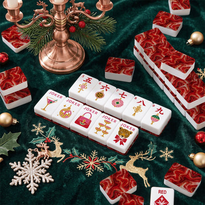 Red Marbled Glam Holiday Christmas Mahjong Tiles And Carry Case - Splash Of Mahj And Color Co.