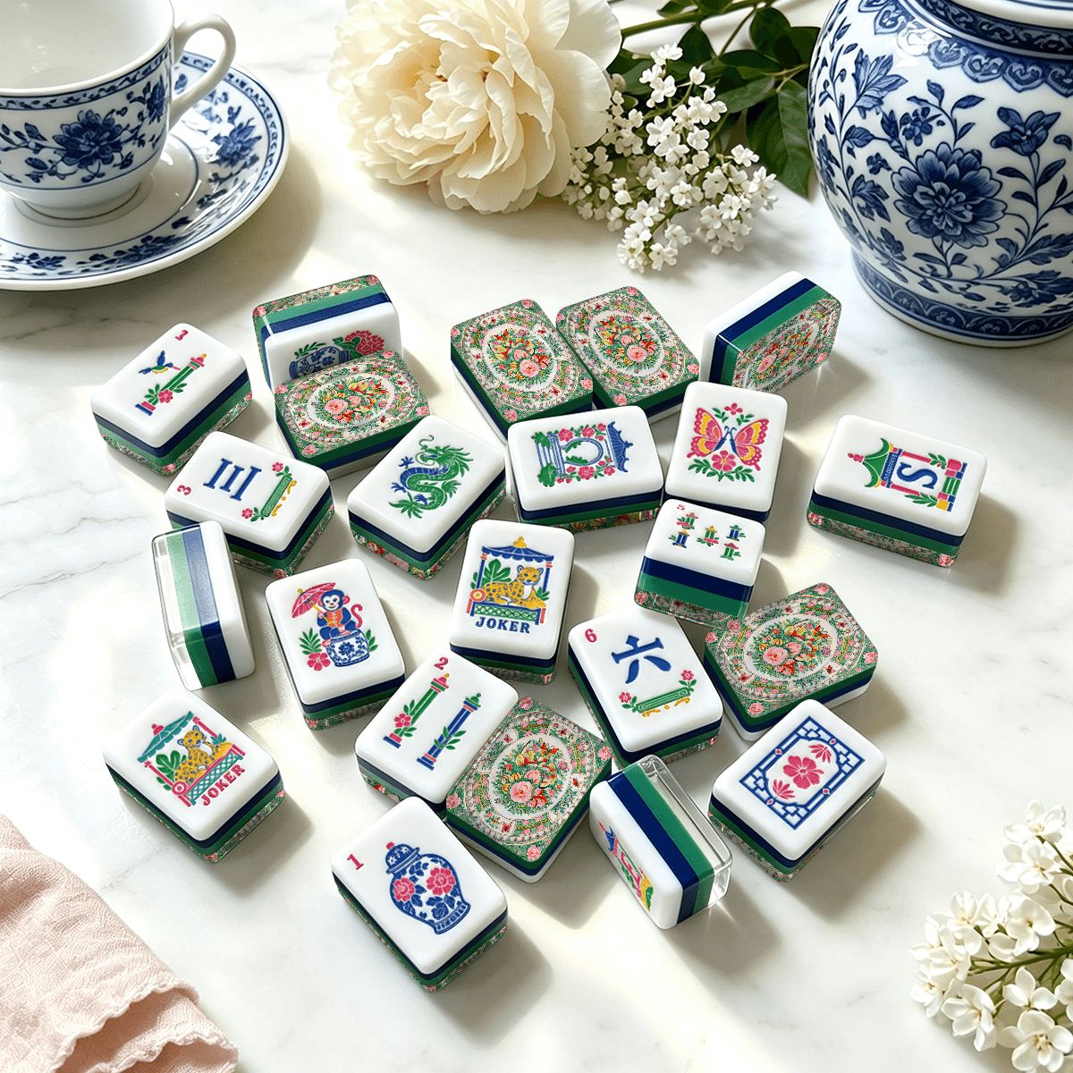Famille Rose Chinoiserie Chic American Mahjong Tiles And Carry Case - Splash Of Mahj And Color Co.