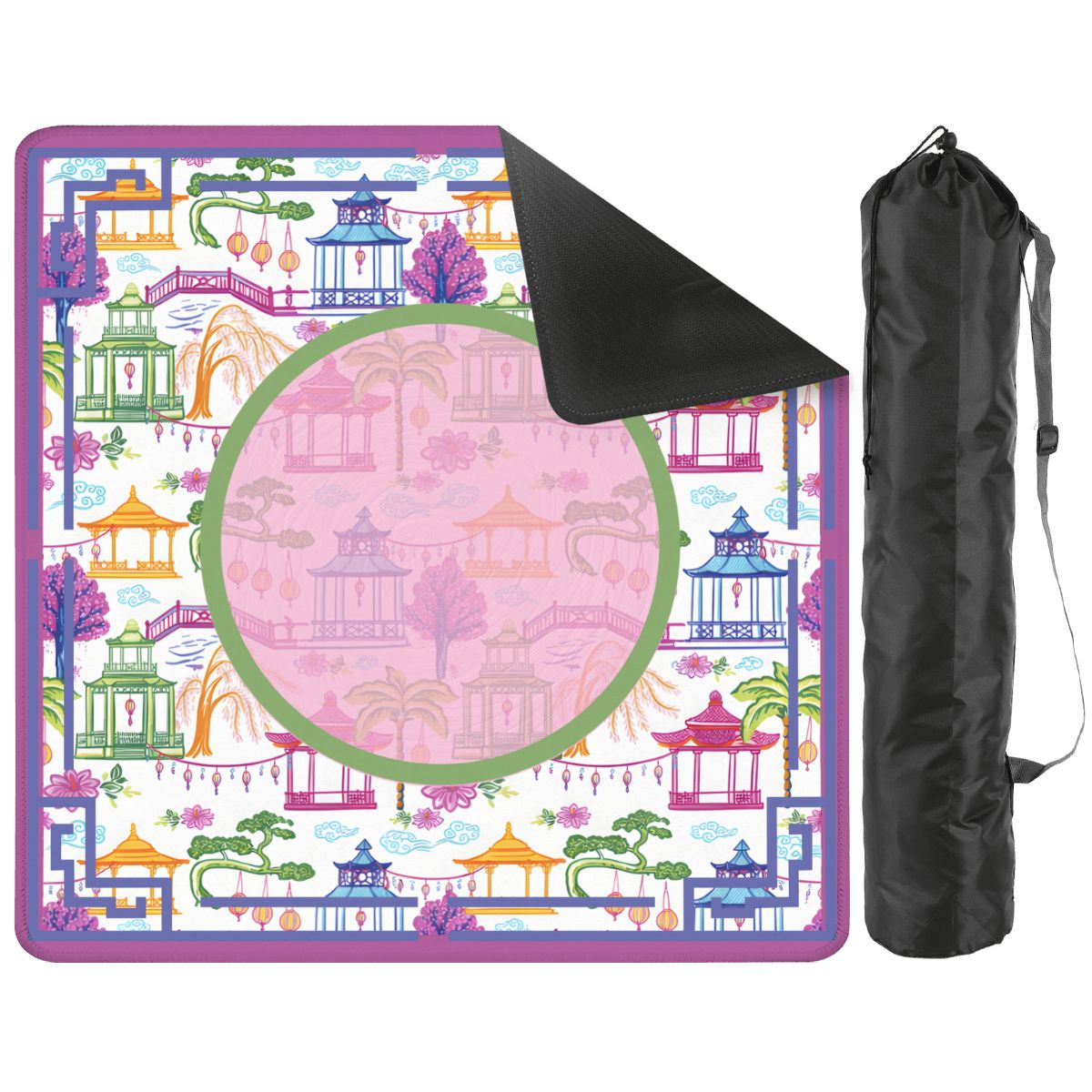 Asian Chinoiserie Gardens, Pagoda, Lantern Lavender And Blue Mahjong Mat - Splash of Color Co.