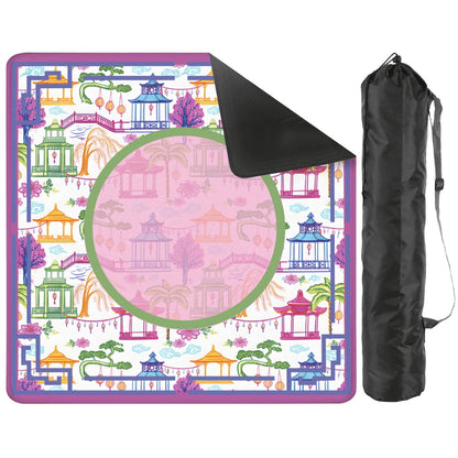 Asian Chinoiserie Gardens, Pagoda, Lantern Lavender And Blue Mahjong Mat - Splash of Color Co.