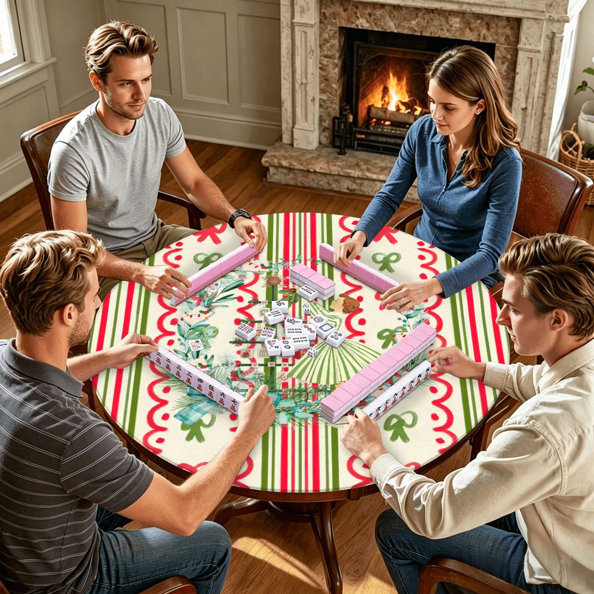 Books And Nooks Christmas Round Mahjong Mat