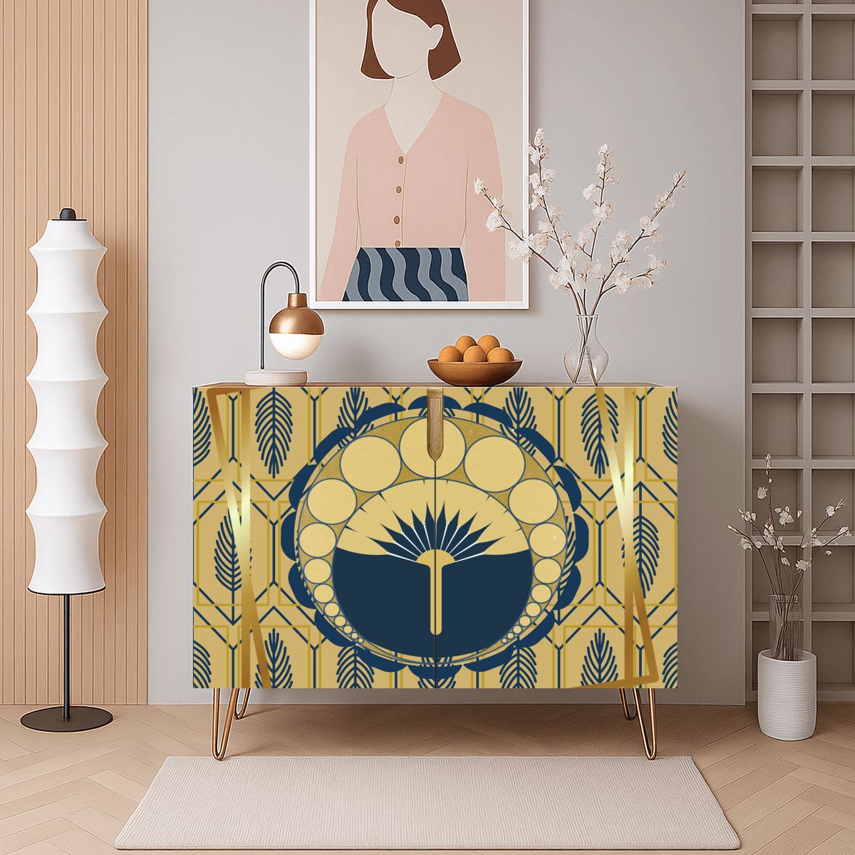 Palm Royale' Art Deco Modern Gold Royal Blue Wooden Storage Cabinet - Splash of Color Co.