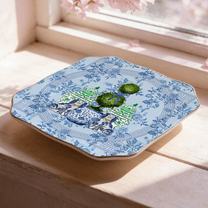 Staffordshire Chinoiserie Dogs Blue And Green Scalloped Ceramic Mahjong Dice Tray