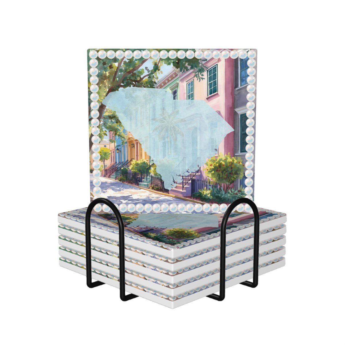 Charleston South Carolina Preppy Rainbow Row Square Ceramic Coasters - Splash of Color Co.