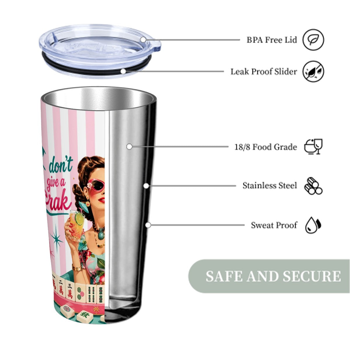 Funny Mahjong Tumbler, I Don't Give A Crak Stainless Steel Insulated Tumblers with Lid & Straw (20oz)