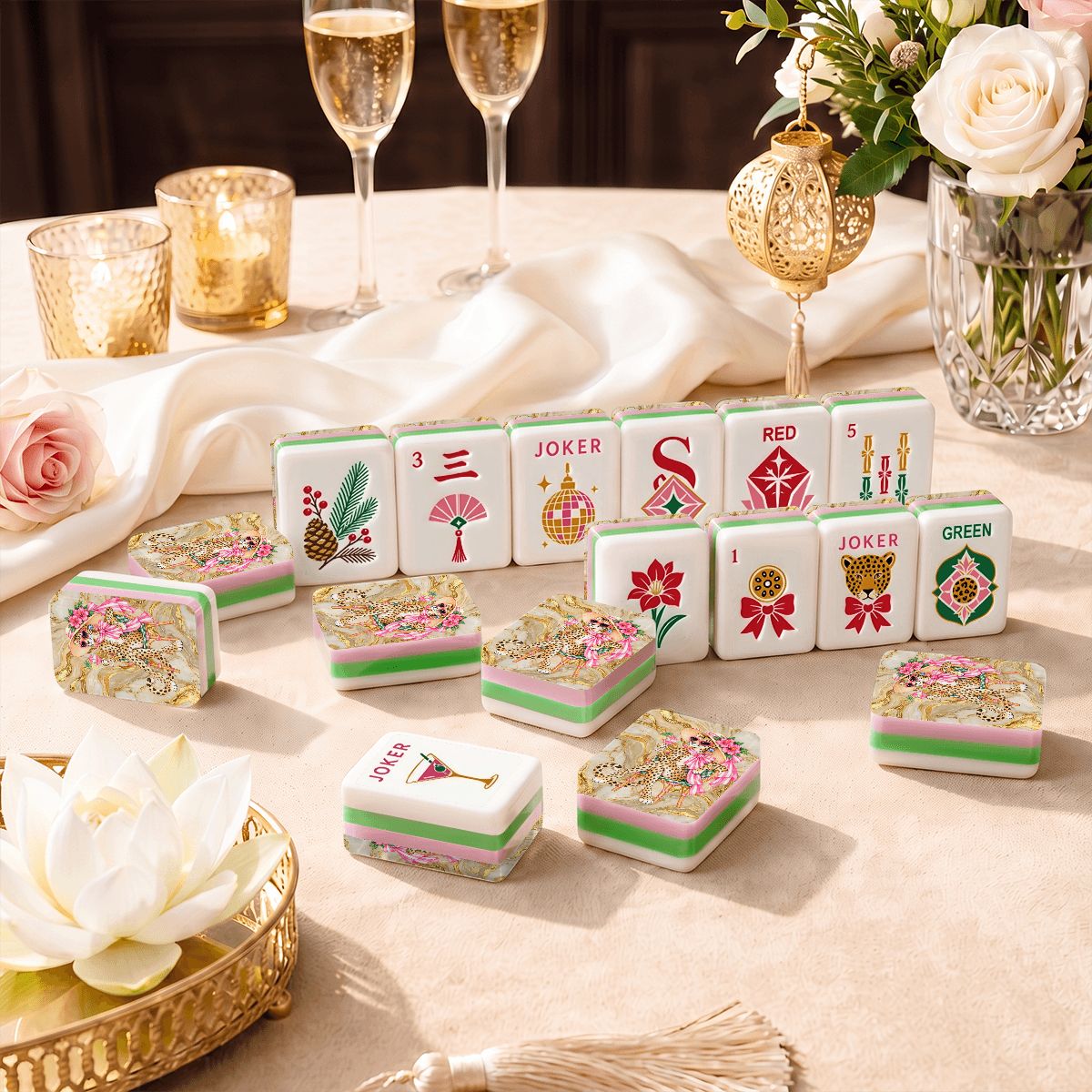 Sipping Leopard 4 Layer Glam Winter American Mahjong Tiles And Carry Case - Splash Of Mahj And Color Co.