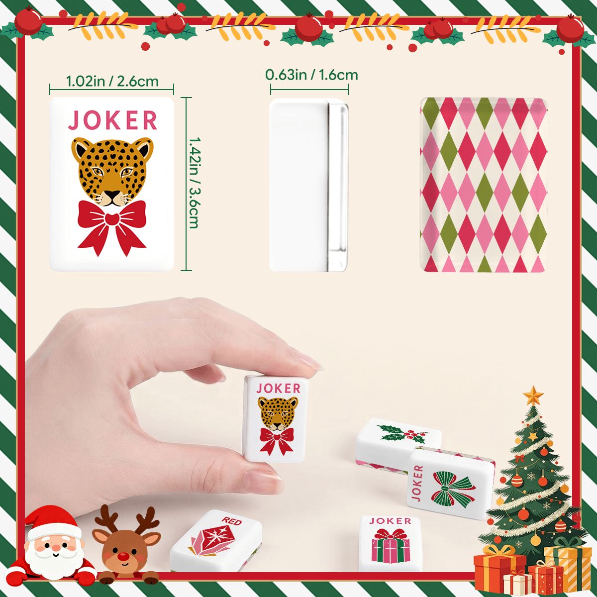 Vintage Shiny Brite Harlequin Christmas Pink And Green Glam Holiday Christmas Engraved Mahjong Tiles And Carry Case