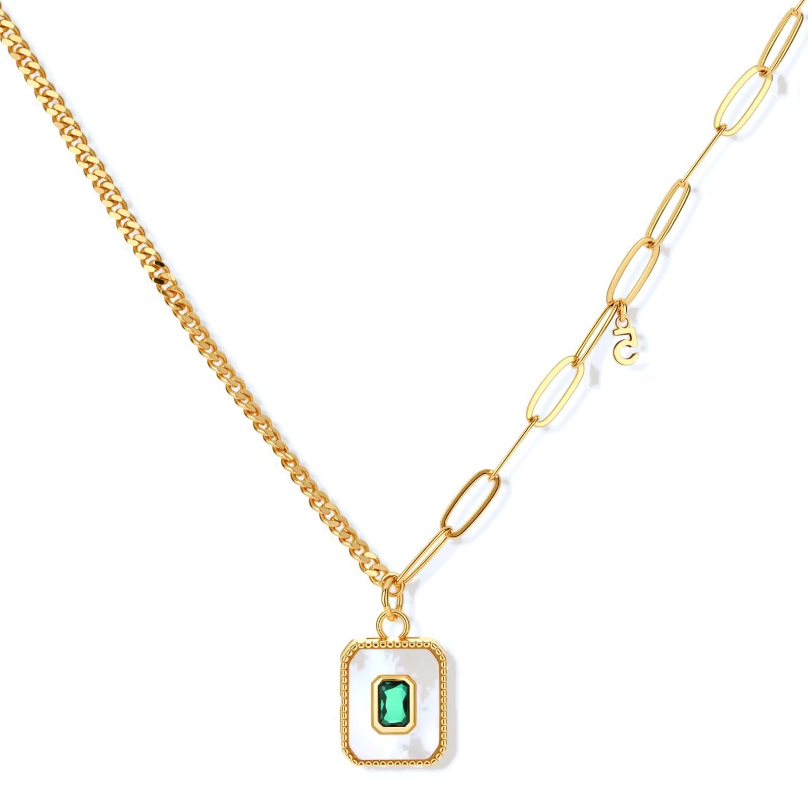 Gold-plated jewelry set with white enamel square pendants and emerald CZ stones on cream background.