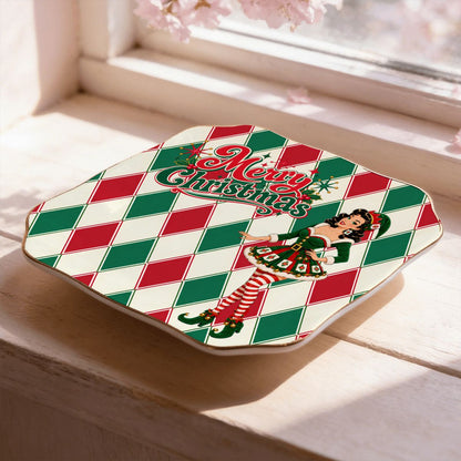 Merry Christmas Madge Harlequin Designed Green And Red Scalloped Ceramic Mahjong Dice Tray - Splash Of Mahj And Color Co.