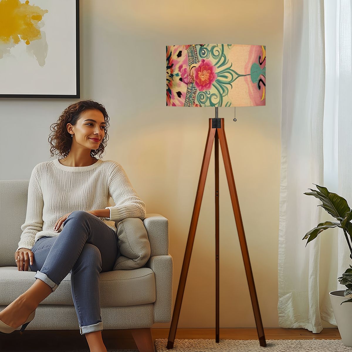 Bohemian Watercolor Pink Teal Floral Modern Tripod Floor Lamp