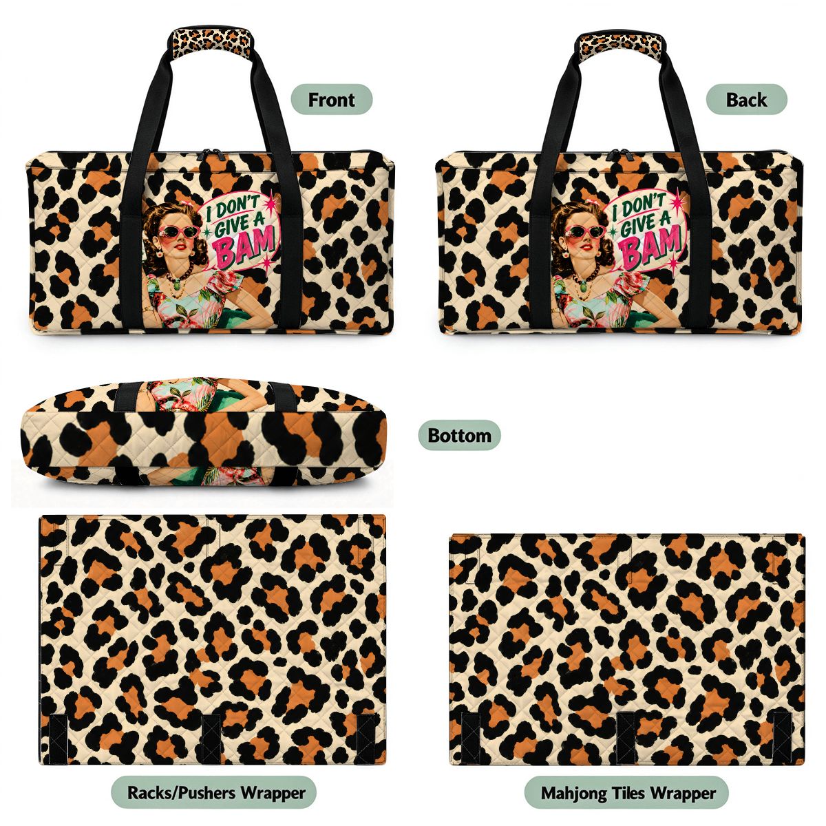 Funny Mahjong Leopard Print I Don't Give A Bam Quilted Mahjong Bag Set 3 - Splash Of Mahj And Color Co.