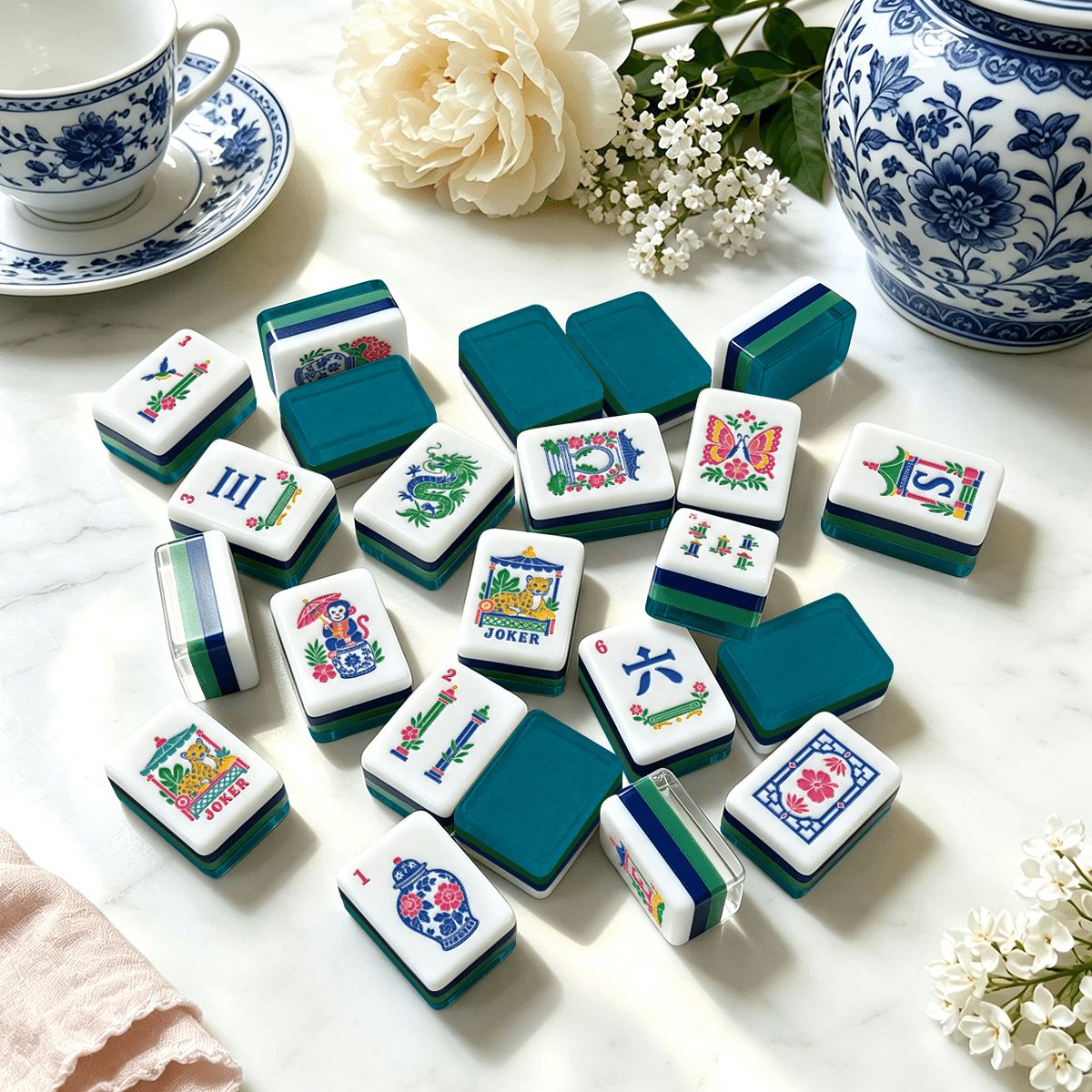 Antique Teal Chinoiserie Chic American Engraved Mahjong Tiles And Carry Case