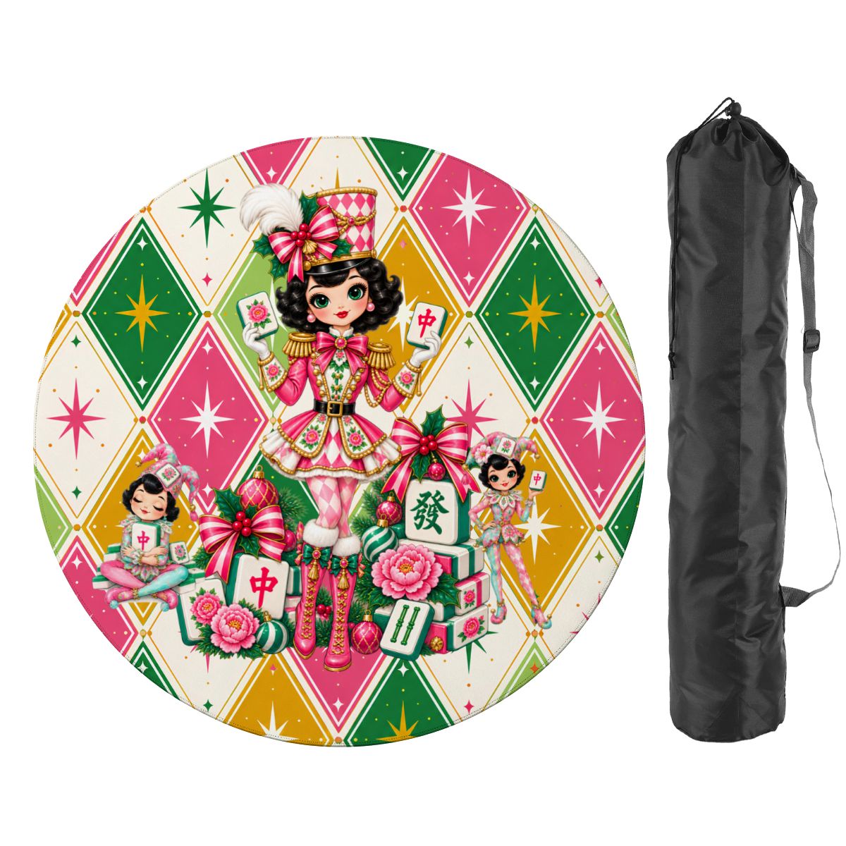 Harlequin Christmas Mahjie The Mascot Round Mahjong Mat - Splash Of Mahj And Color Co.