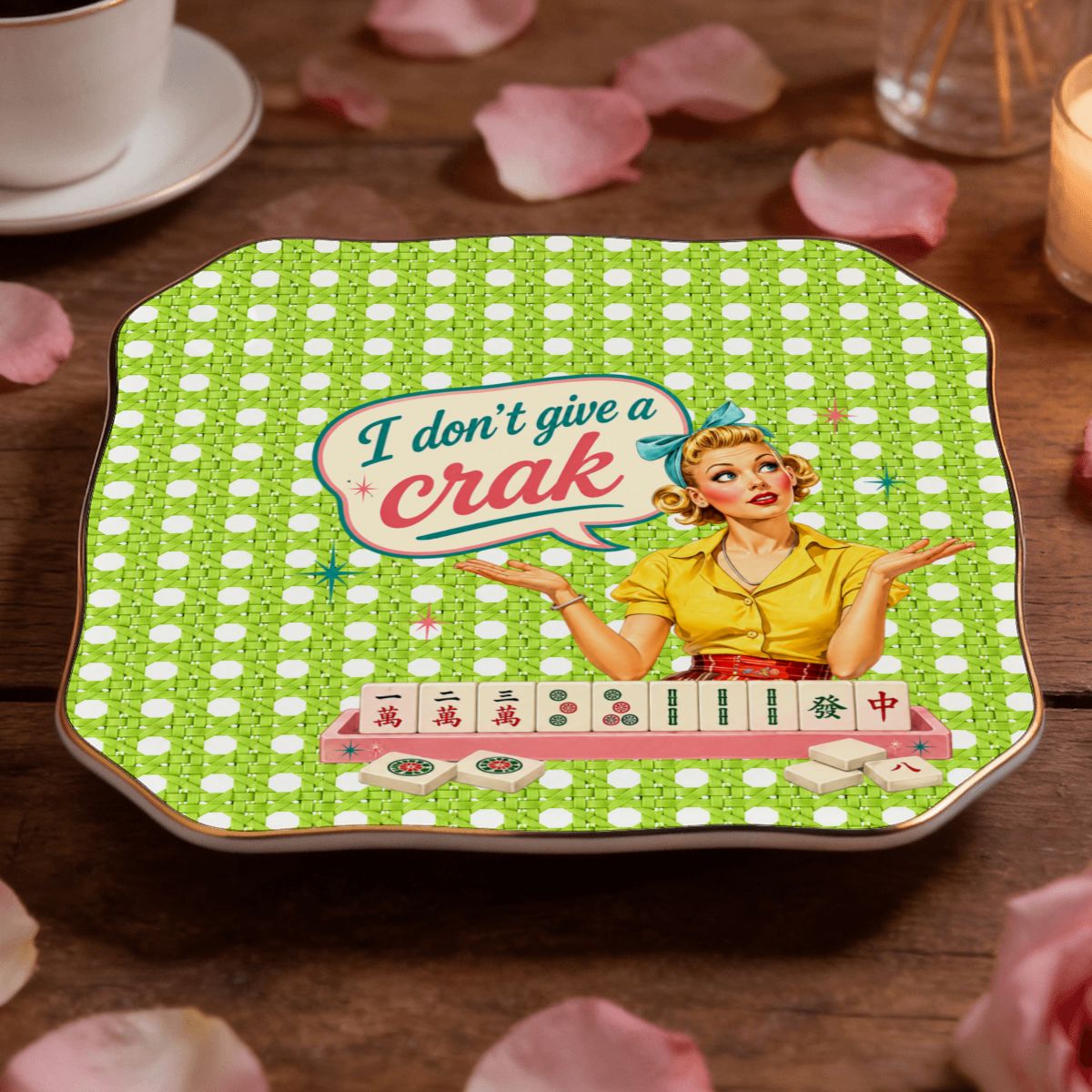 Funny Mahjong Dice Tray, Scalloped Ceramic, Limoncello I Don't Give A Crak - Splash Of Mahj And Color Co.