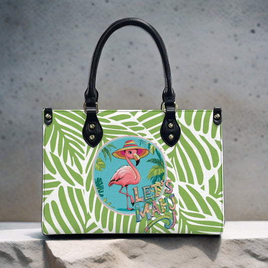 Let's Mahj Whimsical Pink Flamingo Mahjong Lover Green Tropical Shoulder Bag, Handbag, Travel